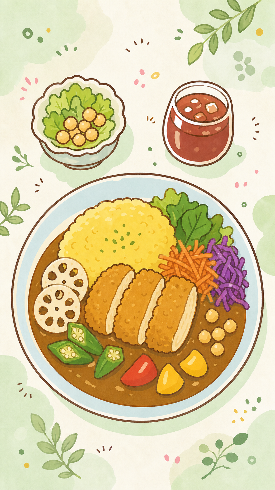 彩蔬炸物日式咖喱饭的清新漫画插图